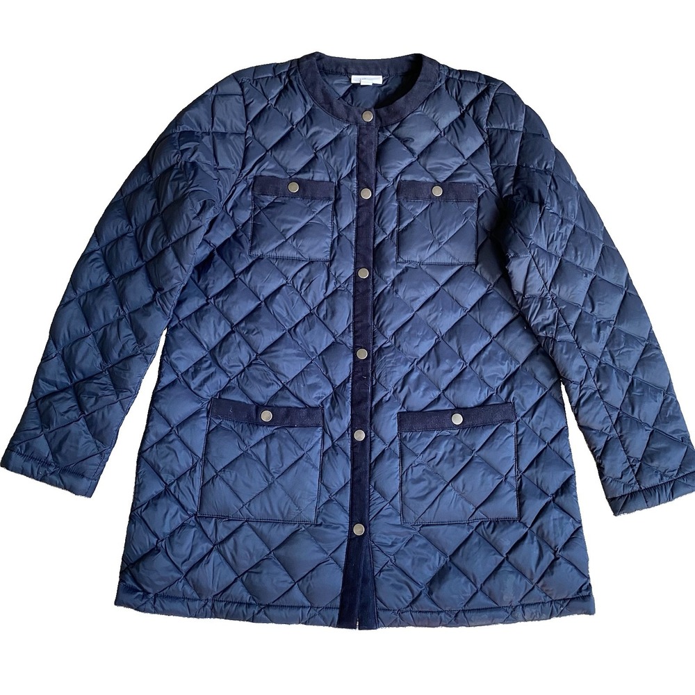 J Jill Down Quilted Collarless Jacket Coat Size S Blue Snap Front Corduroy Trim